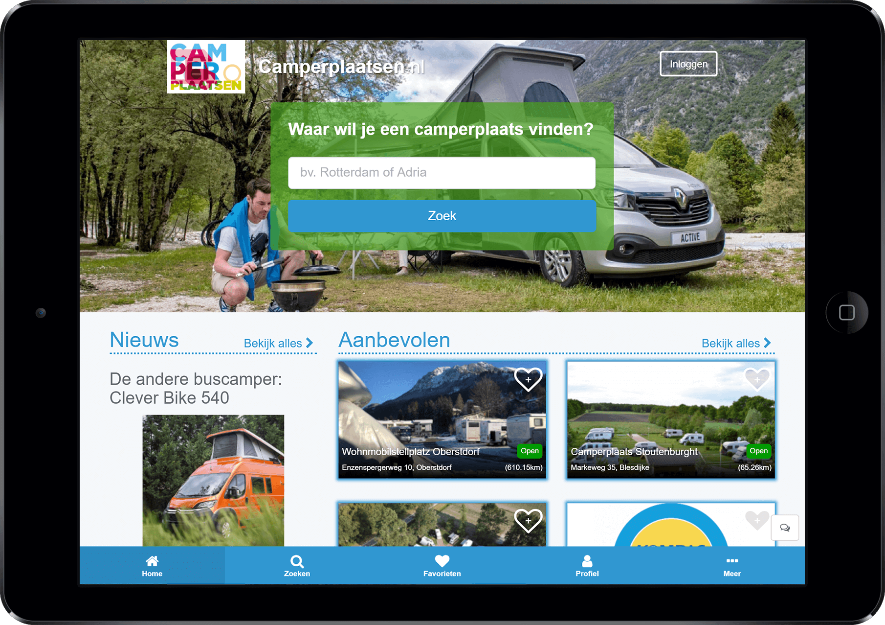 camperplaats app op tablet